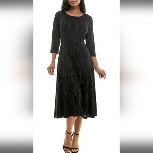 NWT Nina Leonard A Line Midi Dress Tie Waist 3/4 Sleeve Medium Black & Gold